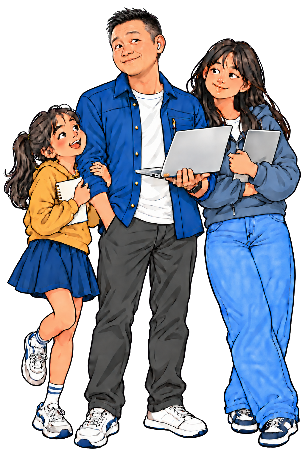 A semi-retired IT dad holding a laptop with his 10-year-old and 15-year-old daughters